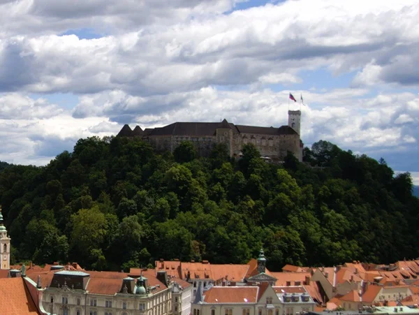 Panoramisch uitzicht vanop Nebotičnik op het Kasteel van Ljubljana