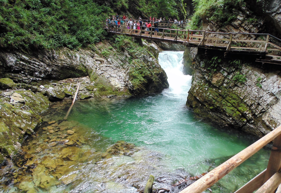 Een uitzicht op het heldergroene stromende water van de rivier de Radovna in de Vintgar kloof